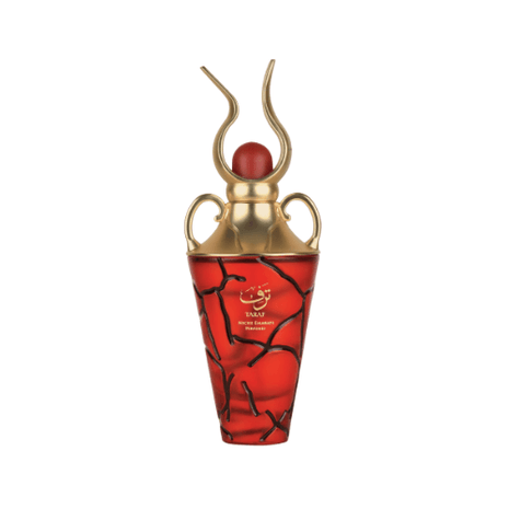 Taraf Niche Emarati Eau De Parfum 100ml in a striking red bottle with golden accents.