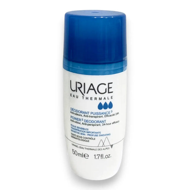 Uriage Eau Thermale Power 3 Deodorant Roll On 50ml in a bottle with a blue cap.