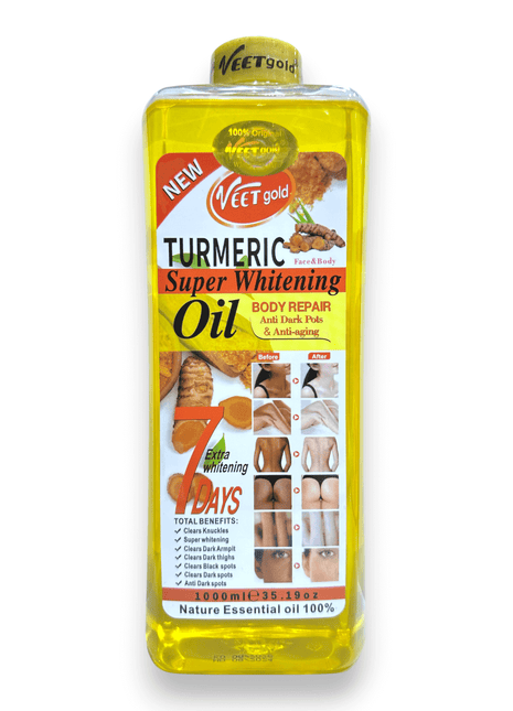 Veetgold Turmeric Even Tone Nourishing Body Oil 1000ml in a clear bottle with a yellow label.