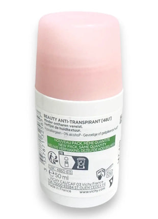 Vichy Beauty Anti Perspirant Deodorant Roll On 50ml featuring a roll-on applicator for sensitive skin.