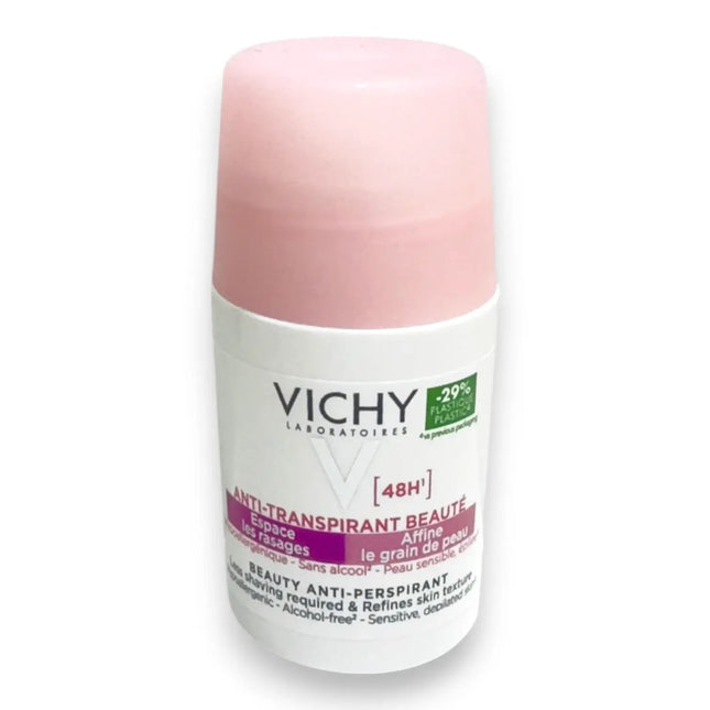 Vichy Beauty Anti Perspirant Deodorant Roll On 50ml bottle with pink cap for sensitive skin