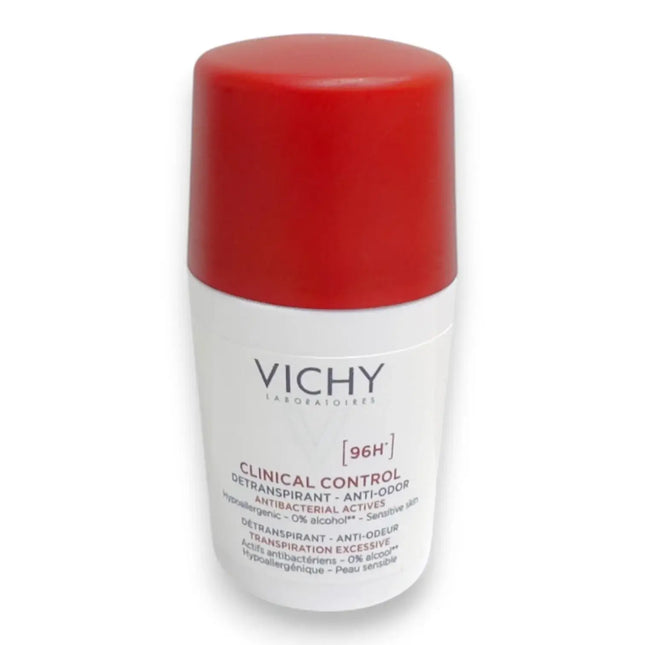Vichy Clinical Control Antiperspirant Roll On 50ml for sensitive skin, antibacterial formula for lasting freshness.