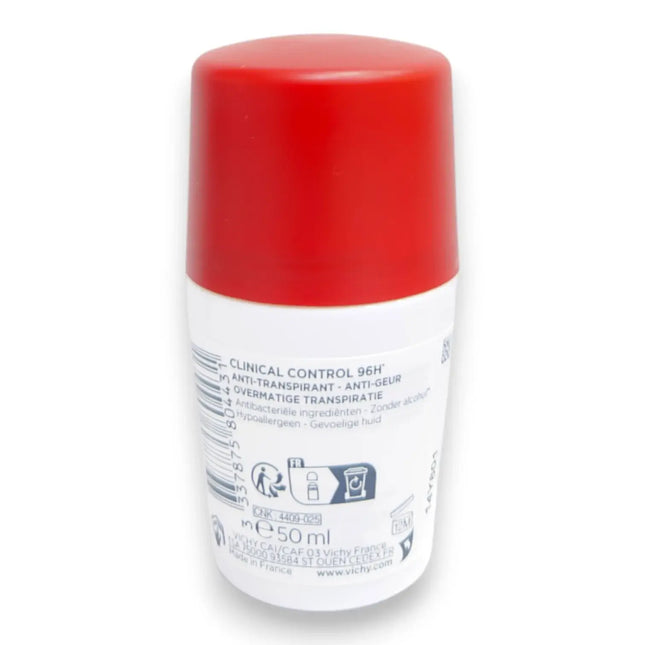Vichy Clinical Control Antiperspirant Roll On 50ml with red cap for sensitive skin and odor control.