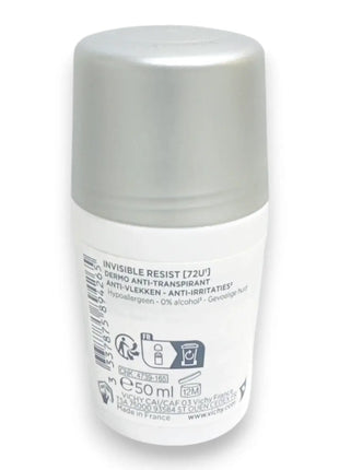 Vichy Invisible Resist Dermo Deodorant Roll On 50ml packaging for sensitive skin, providing long lasting dryness.