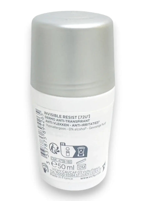Vichy Invisible Resist Dermo Deodorant Roll On 50ml packaging for sensitive skin, providing long lasting dryness.