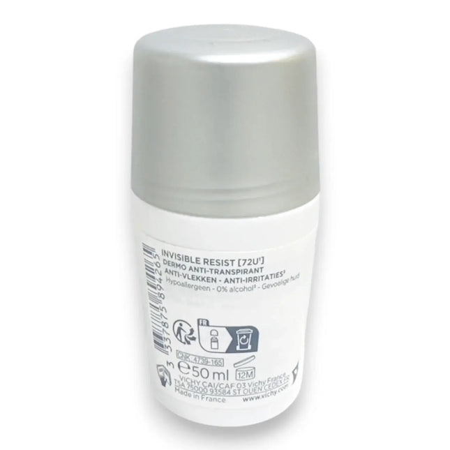 Vichy Invisible Resist Dermo Deodorant Roll On 50ml packaging for sensitive skin, providing long lasting dryness.