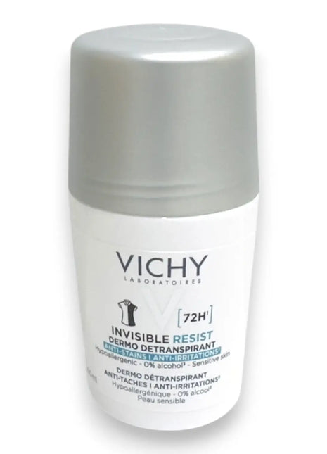 Vichy Invisible Resist Dermo Deodorant Roll On 50ml for sensitive skin, providing long-lasting dryness and comfort.